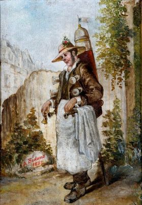 un vieux tableau représentant un homme avec un chapeau et un sac à dos