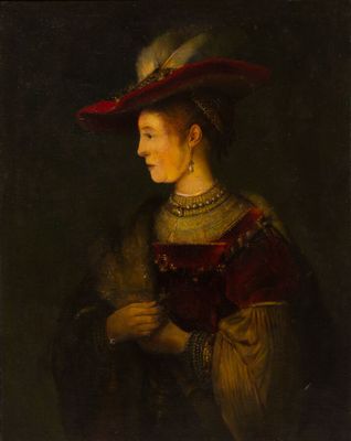 a painting of a woman in a red hat with feathers on her head