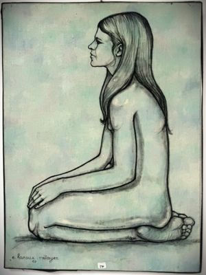 a drawing of a woman sitting on the ground with her legs crossed