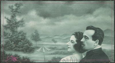 tableau représentant un homme et une femme regardant un cerf-volant dans un champ