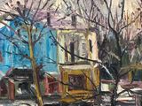 an oil painting of a street scene with buildings and a person on a bike