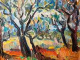une peinture à l'huile représentant un groupe d'arbres dans un champ