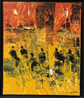 une peinture à l'huile représentant un groupe de personnes marchant dans un champ