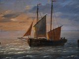 a painting of a sailboat on the water with other boats in the background
