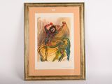 tableau représentant un homme à cheval avec un oiseau sur le dos
