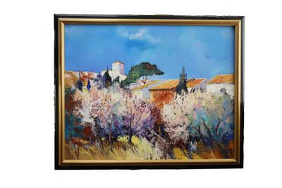 une peinture représentant une peinture d'un paysage avec des arbres et des bâtiments