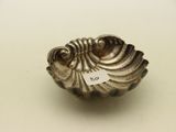 un petit objet argenté en forme de coquillage posé sur une surface blanche