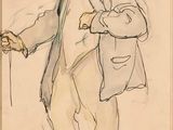 drawing of a man in a hat and coat holding a cane