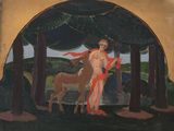 a painting of a man and a deer in a forest