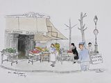 a drawing of a street scene with people walking by