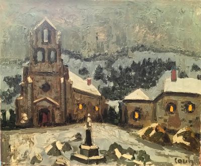 tableau représentant une église sous la neige, avec une fontaine au premier plan