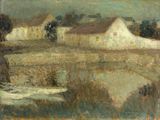 une image représentant un tableau d'une ferme avec un étang au premier plan
