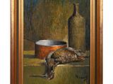 an oil painting of a dead bird on a table next to a bottle of wine