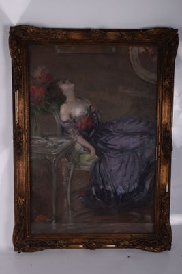 un tableau représentant une femme en robe bleue, assise à une table