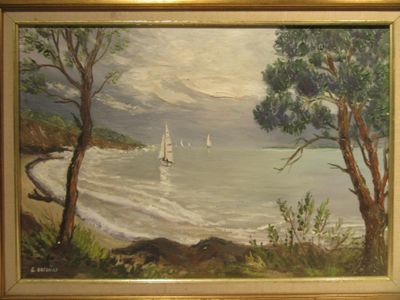 a painting of a sailboat on the water by the shore