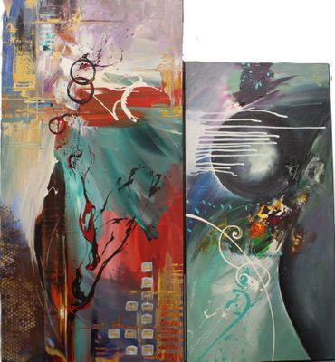 three paintings of different shapes and sizes on a white surface