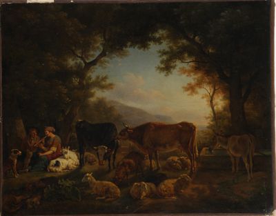 tableau représentant un homme et une femme nourrissant du bétail dans un décor boisé