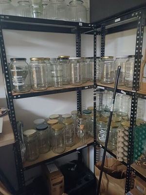 many jars and jars on the shelves in the room