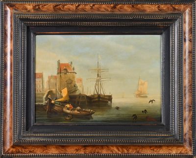 une peinture à l'huile représentant une scène de port avec des bateaux et des personnes sur l'eau
