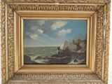 an image of a painting of a rocky coast with a man on the rocks