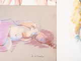 three different colored drawings of a woman laying on the ground