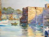 un tableau représentant une femme assise sur un banc au bord de l'eau