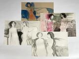 plusieurs dessins représentant une femme en robe blanche et un homme en costume noir