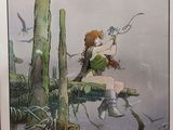 painting of a woman sitting on a tree branch with a bird in her hand