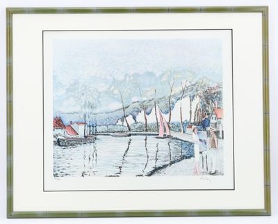 tableau représentant des voiliers amarrés dans un port, avec des montagnes en arrière-plan