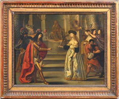 une image représentant un tableau où l'on voit une femme debout devant un groupe de personnes