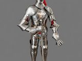 a statue of a knight in full armor with a red feather on his head