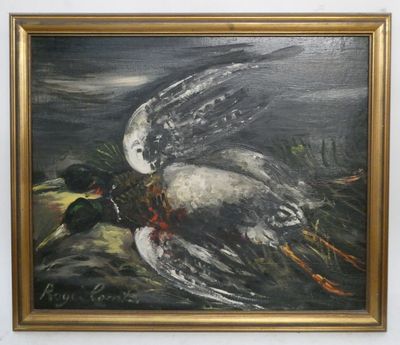 une peinture à l'huile d'un canard et d'un canard sur un rocher