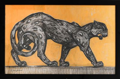 dessin représentant un chat noir sur fond jaune, dans un cadre noir