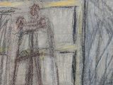 painting of a man standing in front of a window with a ladder