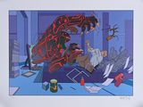 painting of a man and a woman in a living room with a large dinosaur