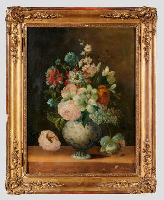 une peinture de fleurs dans un vase sur une table