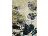 une peinture abstraite représentant des feuilles bleues et blanches sur un fond beige