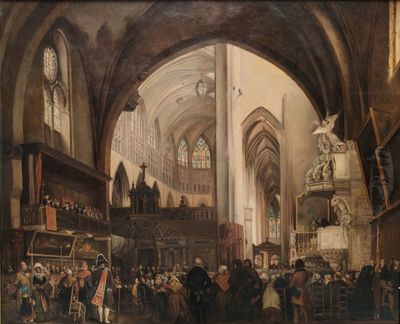 tableau représentant un grand groupe de personnes debout dans une église