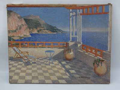 tableau représentant une terrasse avec une table et des chaises donnant sur l'océan