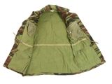 the jacket is green and has a camouflage pattern on it