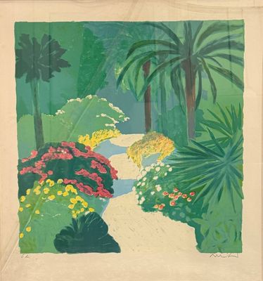 une image représentant un tableau d'un jardin avec des fleurs et des palmiers