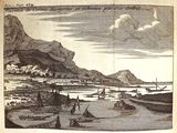 a drawing of a view of a harbor with boats in the water