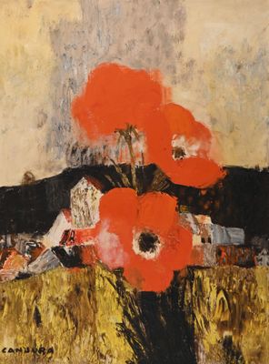 a painting of red flowers in a vase on a table