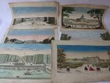 quatre gravures anciennes colorées à la main représentant des bâtiments et des personnes dans un parc