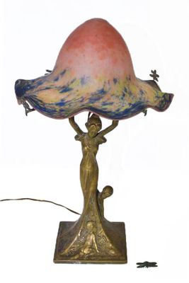 Le VERRE FRANCAIS, Lampe en bronze Art Nouveau, "Femme et en… - Photo 1