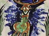 a painting of a giraffe with a hat on it ' s head