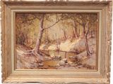 a painting of a stream in a wooded area with trees