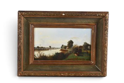 une peinture à l'huile représentant une scène fluviale avec des vaches paissant dans un champ