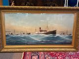 un tableau représentant un bateau en mer, avec d'autres bateaux en arrière-plan