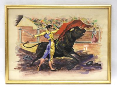 a painting of a man riding a bull with a red cape